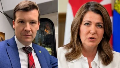 Calgary Mayor Jeromy Farkas and Alberta Premier Danielle Smith amid a dispute over municipal zoning and provincial powers