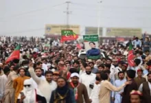 PTI long march participants travelling through Charsadda under the leadership of Khyber Pakhtunkhwa Chief Minister Sohail Afridi