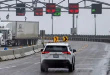 Vehicles crossing the Peace Bridge between Canada and the United States amid ongoing trade tensions