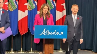 Alberta Premier Danielle Smith speaking at an official ceremony as the province proposes changes to DEI hiring policies