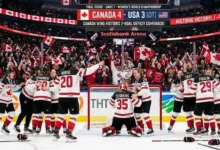 Canada’s national women’s ice hockey team celebrates its 5-3 victory over the United States in Windsor