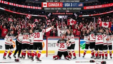 Canada’s national women’s ice hockey team celebrates its 5-3 victory over the United States in Windsor