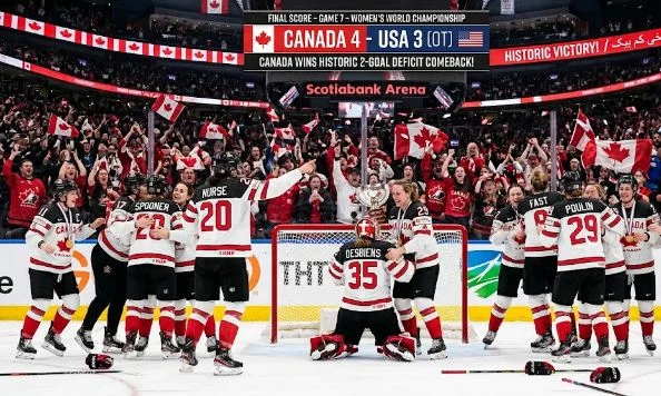 Canada’s national women’s ice hockey team celebrates its 5-3 victory over the United States in Windsor