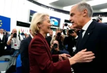 Canadian Prime Minister Mark Carney greets European Commission President Ursula von der Leyen ahead of Canada-EU summit discussions