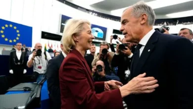 Canadian Prime Minister Mark Carney greets European Commission President Ursula von der Leyen ahead of Canada-EU summit discussions