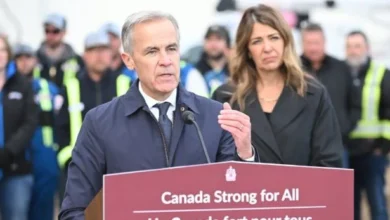 Canadian Prime Minister Mark Carney speaking alongside Alberta Premier Danielle Smith during discussions over Alberta’s relationship with Canada.