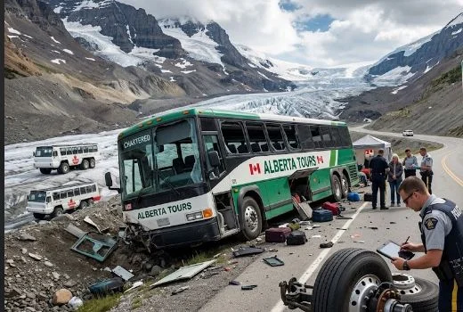 Tourist bus involved in the fatal Columbia Icefield crash in Alberta, Canada